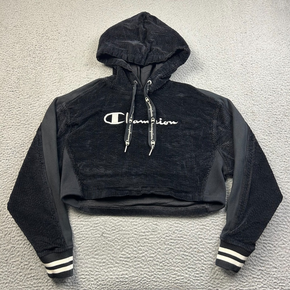 Champion Reverse Weave Womens Small Black Corduroy Cropped Hoodie Spellout